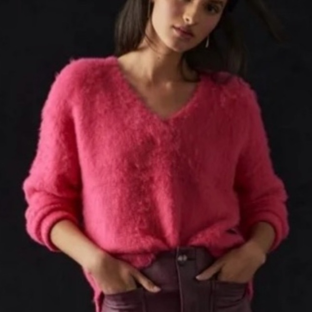 Maeve Anthropologie Hot Pink Fuzzy V-neck Sweater